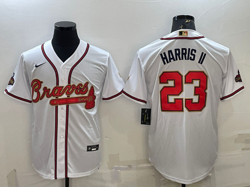 Men's Atlanta Braves #23 Michael Harris II White/Gold World Series Champions Program Cool Base Stitched Baseball Jersey